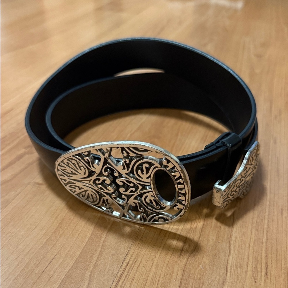 Elegant Black Belt PU Split with Silver western Rodeo Buckle sz ML